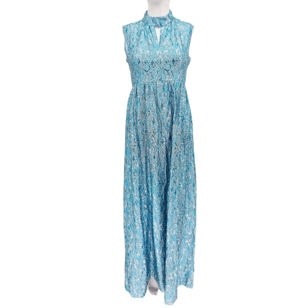Vintage 70's Metallic Glam Maxi Sleeveless Dress Blue 2